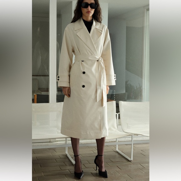 Mango Jackets & Blazers - Mango Cream Double-Breasted Wrap Trench Coat